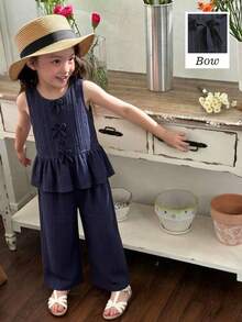 2pcs/Set Toddler Girls Solid Color Single-Breasted Bow Decor Ruffle Hem Vest Shirt And Long Pants Outfit,Minimalist Casual Summer,Family Matching - Royal Blue - View 5