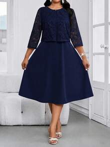 SHEIN Lady CURVE 大尺碼女款圓領蕾絲上衣與裙子休閒日常兩件套 - 藏蓝色 - 查看 8