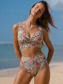 Swim Vcay 26SS 女款春夏海灘兩件式套裝，波西米亞花卉印花，紋理面料，優雅扭轉裝飾比基尼上衣 & 舒適高腰內褲，適合海灘度假、下午茶、野餐、派對 - 彩色 - 查看 3