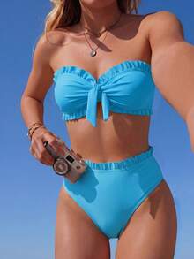 Swim Basics Women's Summer Beach Solid Color Ruffle Trim Bandeau Bikini Set With Front Knot, Two Pieces Swimwear Black Bathing Suits - Blue - Ver 1
