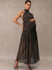 MaterniChic Maternity Summer Vintage Sexy Vacation Style Polka Dot Print Backless Knot Halter Neck Dress - Brown - View 4