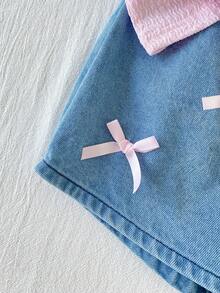 SHEIN Playful Pals 2件組少女粉色蝴蝶結刺繡波浪荷葉邊柔軟彈性圓領短袖T恤上衣 + 彈性腰水洗藍色牛仔裙褲短褲，休閒可愛甜美韓風套裝，適合夏季日常穿著、上學、購物、公園野餐、遊樂園、旅行與度假 - 粉色 - 查看 8