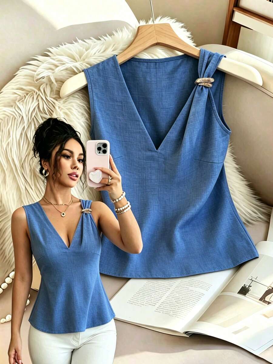Selianne Nueva Camiseta de Tirantes sin Mangas con Cuello en V Tejida con Textura unicolor Elegante Casual para Mujer Vacaciones Verano Azul Agua - Azul - Ver 1