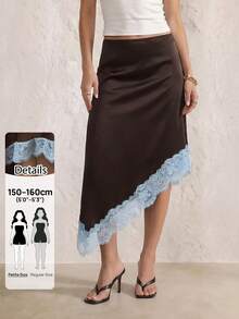 Sinnesro Dark Brown Summer Color-Blocked Midi Skirt,Elegant Date Night Vintage Style,Stylish High-End Vacation Commute Relaxed Fashionable Skirts ,Petite Women - Brown - View 2