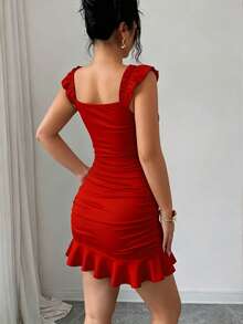 Vestido de verano elegante vintage de unicolor con volantes y lazo delantero - Negro 2 - Ver 9