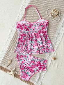 SHEIN Tween Girls Tankini Set, Knitted Small Floral Print Halter Neck Ruffle Cute Doll Hem Swimsuit - Hot Pink - View 2