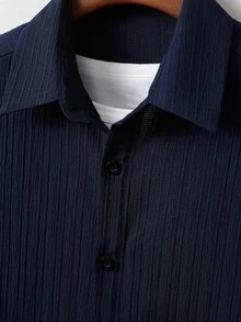 Manfinity Homme Áo sơ mi nam cài nút phía trước và quần short cạp rút trơn không có áo phông, đi chơi, trang phục thoải mái - Màu xanh hải quân - Xem 3