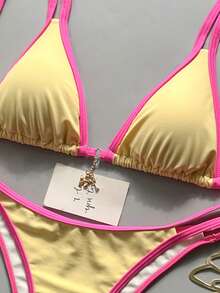 Swim Mod Women's Spring/Summer Solid Color Double Strap Metal Decor Bikini Set Beach Vacation Hot Pink Tropical - Multicolor - View 6