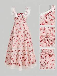 Sweetness Sweet Romantic Red Ditsy Floral Long Dress For Women - Baby Pink - View 1