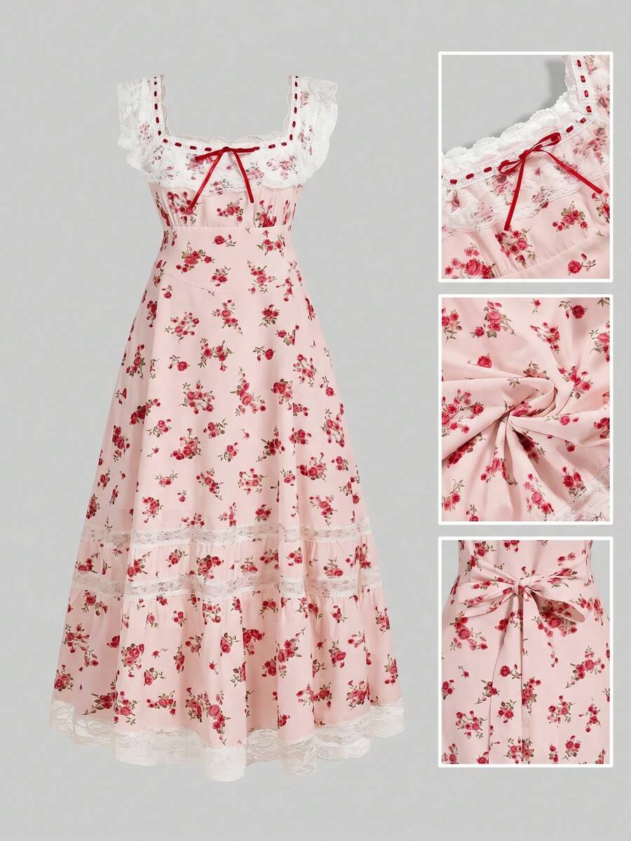 Sweetness Sweet Romantic Red Ditsy Floral Long Dress For Women - Baby Pink - View 1