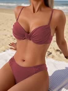 Swim Lushoire 女款黑色性感墊胸鋼圈肩帶抓皺上衣與比基尼泳褲兩件式比基尼套裝，夏季海灘穿搭女裝 - 紅木色 - 查看 1