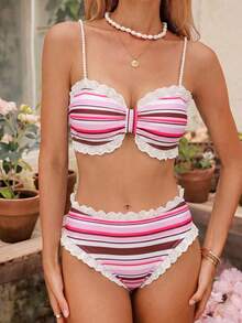 Swim Mod Women's Lace Beaded Decor Sweet Pink Bikini Bra And Bottoms 2 Pieces Set Beach Vacation Summer Tropical - Multicolor - View 5