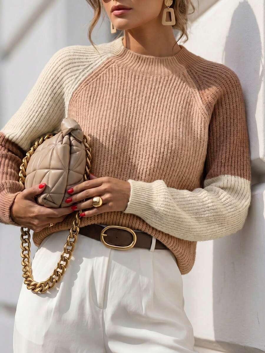 Balvessa Suéter de cuello alto de manga raglán con bloques de color, tops de manga larga de punto, jersey de punto para otoño e invierno - Multicolor - Ver 1