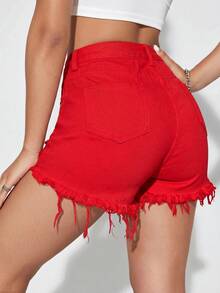 SHEIN Essnce Summer Solid Color Distressed Frayed Denim Shorts - Red - View 2
