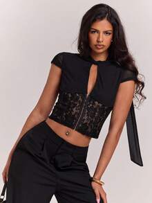 SHEIN BAE Women's Summer Sexy Lace Patchwork Top - Black - View 6