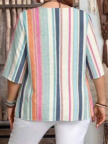 EMERY ROSE Casual Minimalist Style Colorful Faux Texture All-Over Print Pattern Vacation Stripe Women's 3/4 Sleeve Shirt Suitable For Spring And Summer - Multicolor - View 2