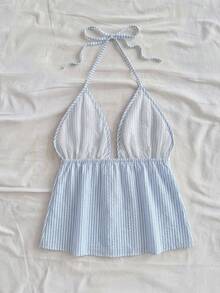 Soleia 休閒度假風藍色細條紋滿版印花女款休閒掛脖綁帶露背度假背心，適合夏季、度假、海灘 - 彩色 - 查看 8