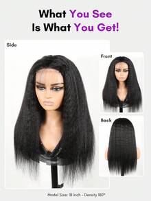 ALL READY WIG Kinky Straight 真人髮無膠假髮，可調節彈性抽繩，100% 真人髮，全就緒假髮，預拔髮際線、漂白髮結、預剪 4x4 蕾絲封口，女用隱形融膚假髮 - Natural Black - 查看 4