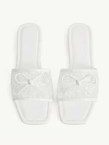CUCCOO CHICEST White Square Toe Lace Bow Sandals, Mesh Yarn, Daily Commuting Versatile Drag Summer - White - View 1