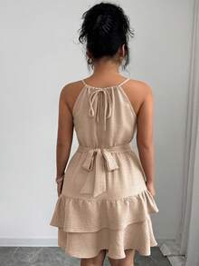 Vestido elegante con escote halter, hombros con lazada y volantes en el bajo para tallas grandes - Albaricoque - Ver 2
