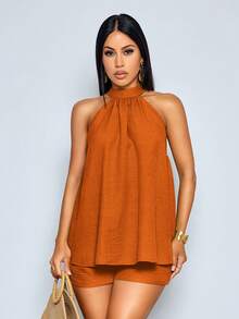 SOLERSUN Elegant, Casual Women's Neck-Worn Two-Piece Set In Spring/Summer Burnt Orange. Vacation Vacation Vacation - Rust Brown - View 3