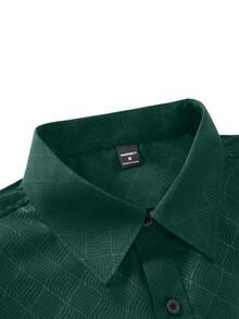Manfinity Mode Men's Luxury Long Sleeve Shirt,Dark Green Autumn Smart Casual Office Dress Shirt,Solid Color Stand-Up Collar Business Formal Shirt For Wedding,Party - Dark Green - View 3