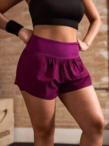 Powerista Women's Plus Size Solid Color High Waist Zipper Pocket Sports Shorts For Summer - Purple - View 3