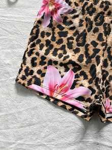 SHEIN Kids Teen Girls Tankinis Brown Summer Leopard Print Floral Swimsuit Bikini Set, Surfing, Vacation, Beachwear, Beach Cute - Khaki - View 5