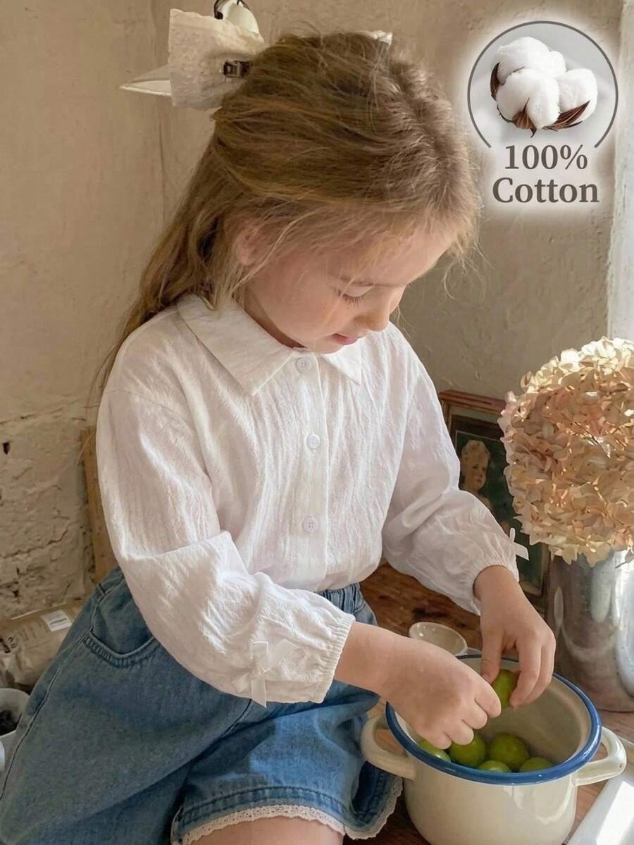 SHEIN LMoss Kids LMoss 女童宽松条纹翻领休闲衬衫 - 白色 - 查看 1