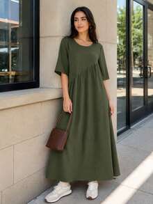 Solavon Women's Solid Color Round Neck Short Sleeve Pleated Loose Casual Dress Summer Holiday Basic Daily Comfy Travel Outfit Airport Elegant - Army Green - View 3