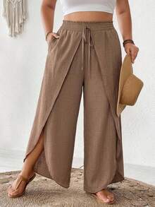 SHEIN CURVE+ Plus Size Women's Solid Color Tie Waist Loose Wide Leg Pants - Khaki - View 1