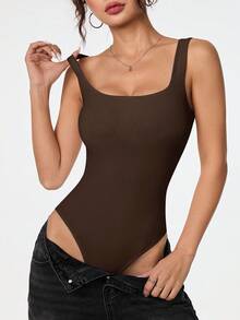 SHEIN PETITE 女款小碼深棕色純色寬肩帶方領修身連身衣，無袖性感夏季約會日常外出穿搭 - 棕色 - 查看 4