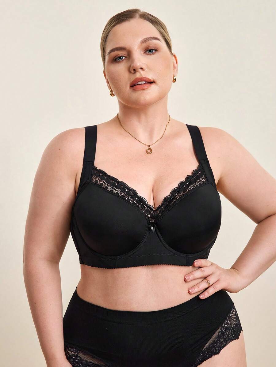 Hourtrue MIMILEMON Plus Size Seamless Smooth Black Bra For Women, With Underwire, Wide Straps, Comfortable Lift And Shaping, Effective Abdomen And Buttocks Lift
