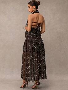 MaterniChic Maternity Summer Vintage Sexy Vacation Style Polka Dot Print Backless Knot Halter Neck Dress - Brown - View 2