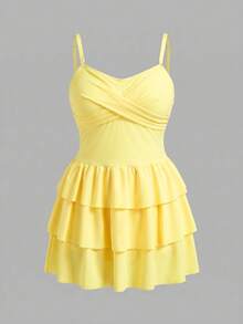 Sweetra CURVE Plus Size Women's Solid Color Layered Ruffle Hem Sweet Girl Style Swimsuit Dress Two Pieces Set, Suitable For Pool, Vacation Beach Summer - Yellow - View 1