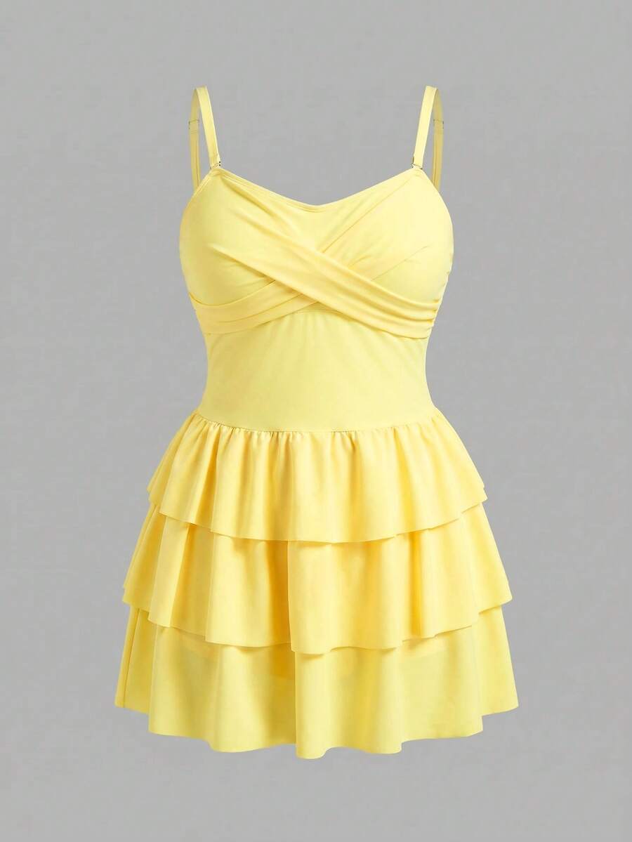 Sweetra CURVE Plus Size Women's Solid Color Layered Ruffle Hem Sweet Girl Style Swimsuit Dress Two Pieces Set, Suitable For Pool, Vacation Beach Summer - Yellow - View 1