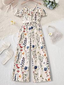 SHEIN Tween Girls Off-Shoulder Jumpsuit, Summer Beach, Bohemian Floral Print, Vacation, Daily, Casual - White - View 4