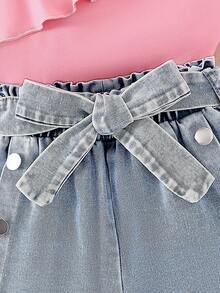 SHEIN Elladie kids 两件套女童活泼可爱不对称上衣+牛仔短裤休闲童装 - 粉色 - 查看 7
