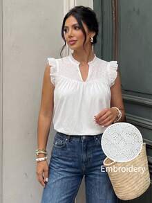 Lounesse Camiseta de manga corta con cuello en V y bordado calado para mujer de talla grande - Beis - Ver 1
