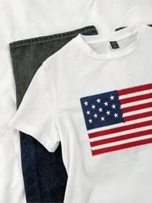 Attitoon 休閒極簡風美國國旗日圖案 3D 泡棉印花圓領短袖修身女款 T-Shirt，適合夏季街頭穿搭 - 白色 - 查看 10