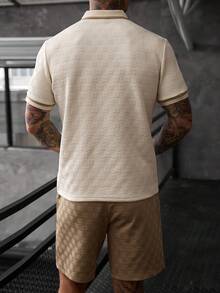 Manfinity CasualCool Men's Summer Casual Contrast Trim Textured Short Sleeve Polo Shirt And Shorts - Apricot - View 3