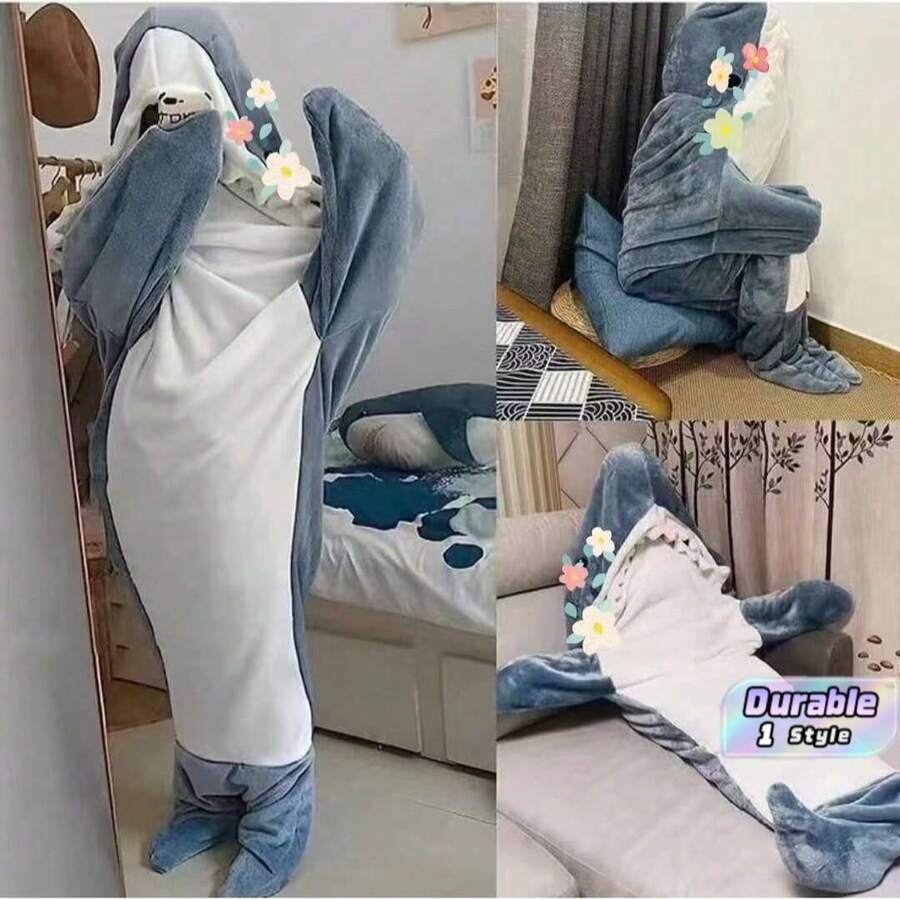 1 Adult Shark Hooded Blanket, Shark Clothing, Wearing Shark Blanket, Comfortable Shark Pajamas, Ultra Soft And Comfortable Flannel Shark Hooded Blanket, Family Shark Hooded Blanket, Wearing Shark Sleeping Bag - Multicolor - View 1