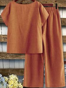 Linhara Plus Size Women's Spring/Summer Two-Tone Woven Asymmetrical Collar Bud Short Sleeve Regular Shirt Personalized Comfortable Top + Elastic Loose Casual Long Pants 2pcs Set - Orange - View 2