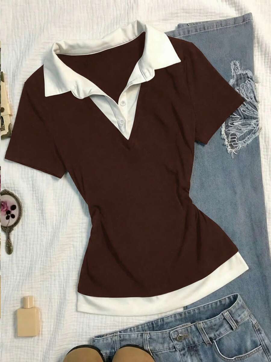 Teen Girls Brown And White Collar Short Sleeve Casual T-Shirts - Brown - View 1