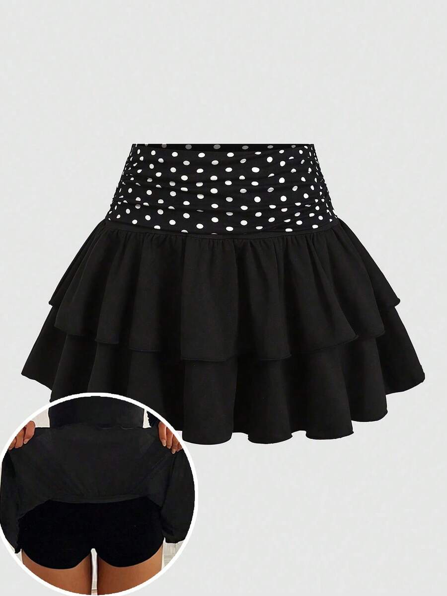 SHEIN Quần short cạp gập phối chấm bi đen dành cho nữ tuổi teen, thích hợp mặc thường ngày, thể thao, đi học, hoặc chuẩn bị cho năm học mới, kèm chân váy xòe hai lớp bèo nhún. - màu đen - Xem 1