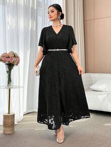 Feyla Plus Size Summer Elegant Celestial Solid Color Cutout Dress Evening Formal Black Wedding Dinner Cocktail Party - Black - View 3