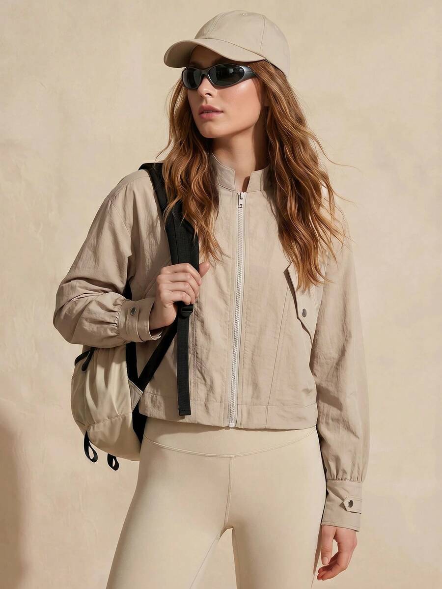 SHEIN Sports 女款復古時尚設計休閒韓系寬鬆戶外防風外套 - 杏色 - 查看 1