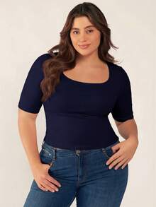 SHEIN BASICS Plus Size Summer Casual Modest Conservative Versatile Solid Color Short Sleeve T-Shirt Date Night Brunch Vacation Navy Blue Office Rodeo - Navy Blue - View 2