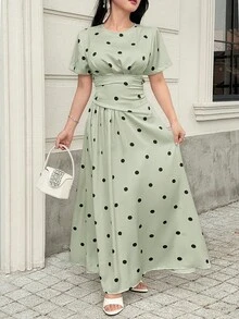 Feyla Women's Colorblock Polka Dot Print Short Sleeve Long Dress - Green - View 6