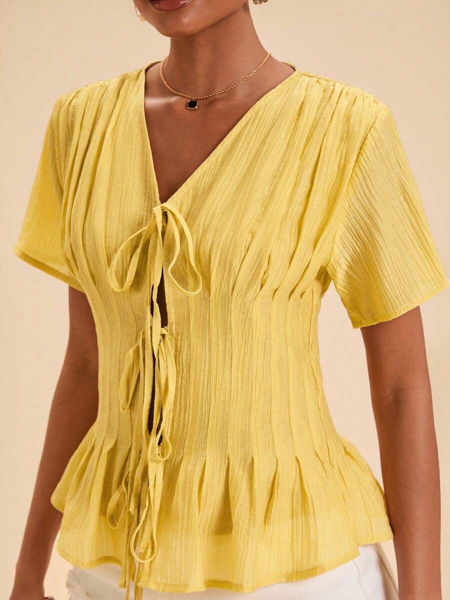 Travachic Spring/Summer Solid Color Woven Short Sleeve Women's Blouse Pale Yellow Elegant Romantic Brunch Vacation - Brown - View 1